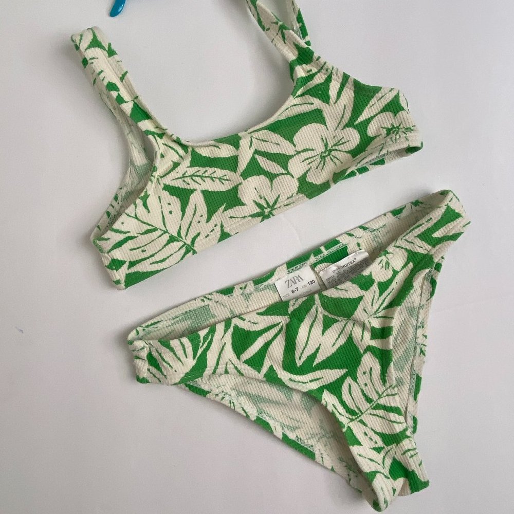 Zara Swim Bikini  Sz 6-7 Y Green & White Tropical Hawaiian